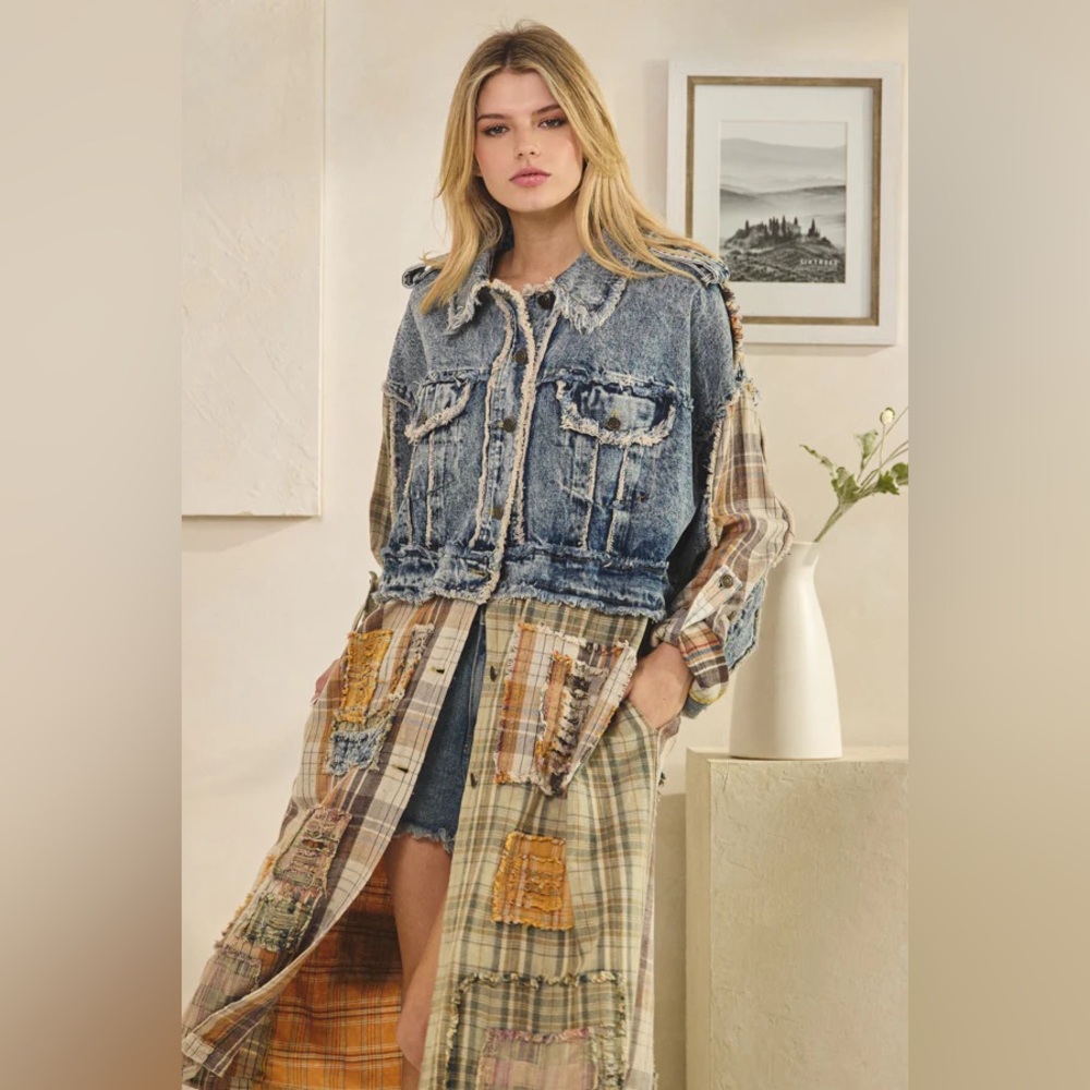 Oli & Hali The Rodeo Poet Jacket | Denim Patchwork Longline Shirt Coat - Picture 6 of 12